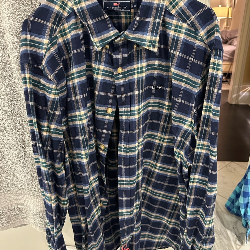 Vineyard Vines Navy and Green Plaid Shirt